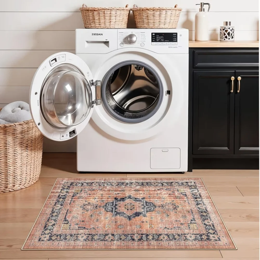 NWT 2'x3' Boho Rug Non-Slip Machine Washable In Orange/Beige/Navy/Gray